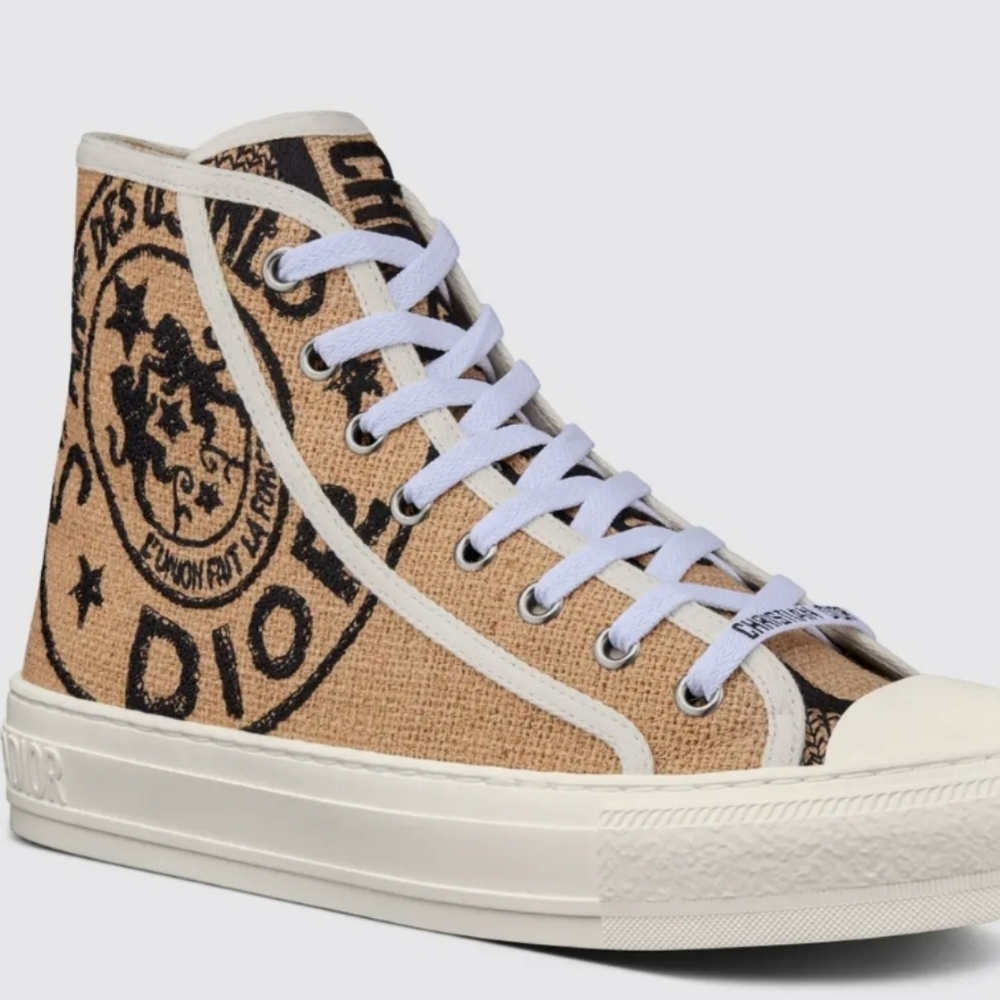 Women DIOR Walk'n' High-top Sneaker Beige Jute Canvas Embroidered 40.5